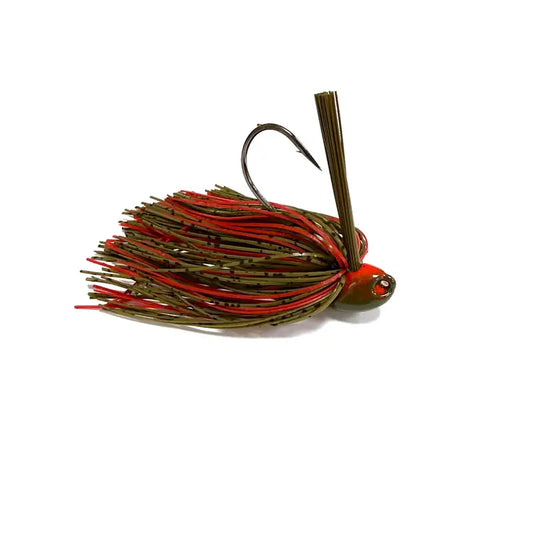 A fishing jig lure with a metallic bronze-brown body, a red and bronze skirt, and a dark hook, shown on a plain white background.