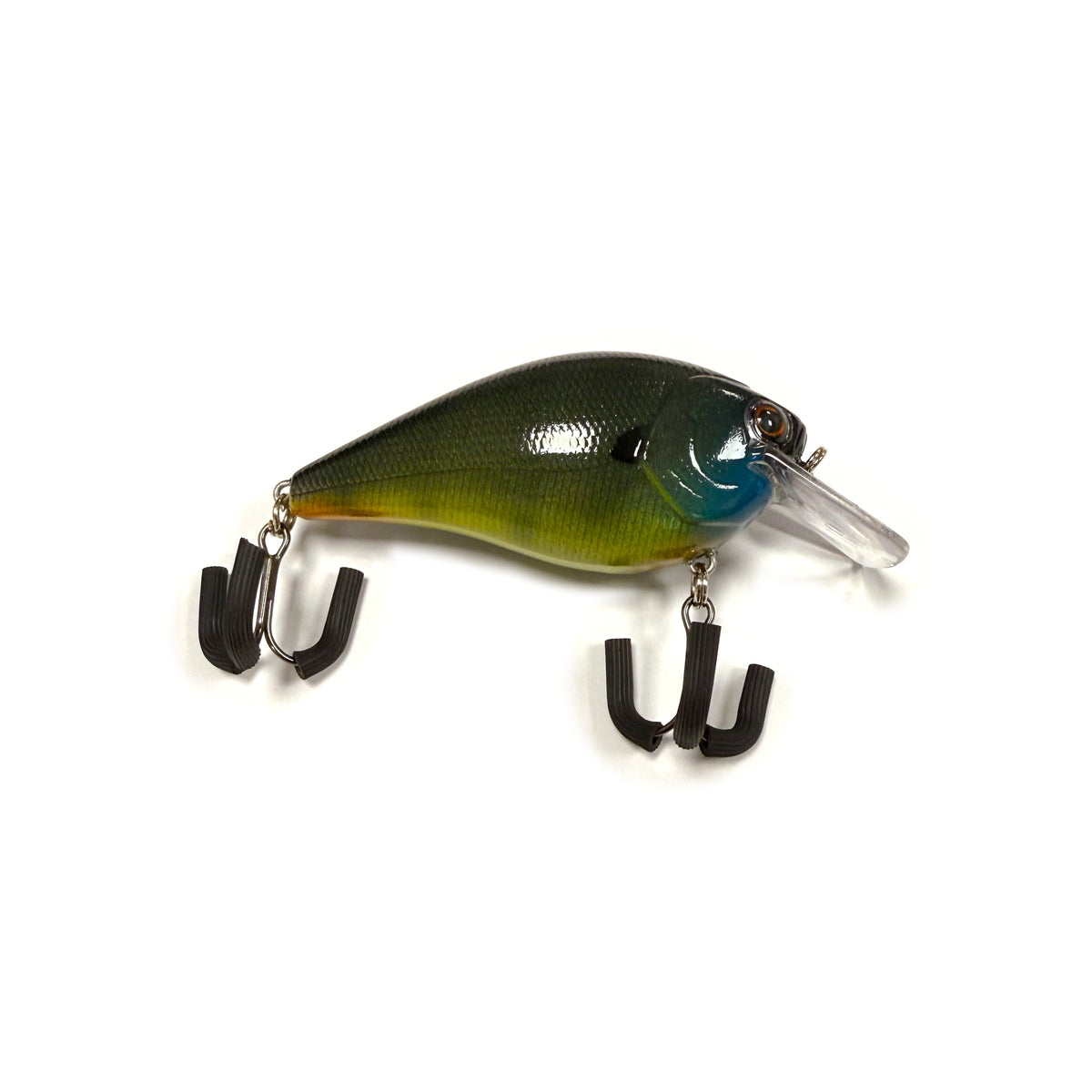 A hard bait fishing lure with a textured green and yellow body, a blue-tinted eye, a clear plastic lip, and two black U-shaped hooks, shown on a plain white background.