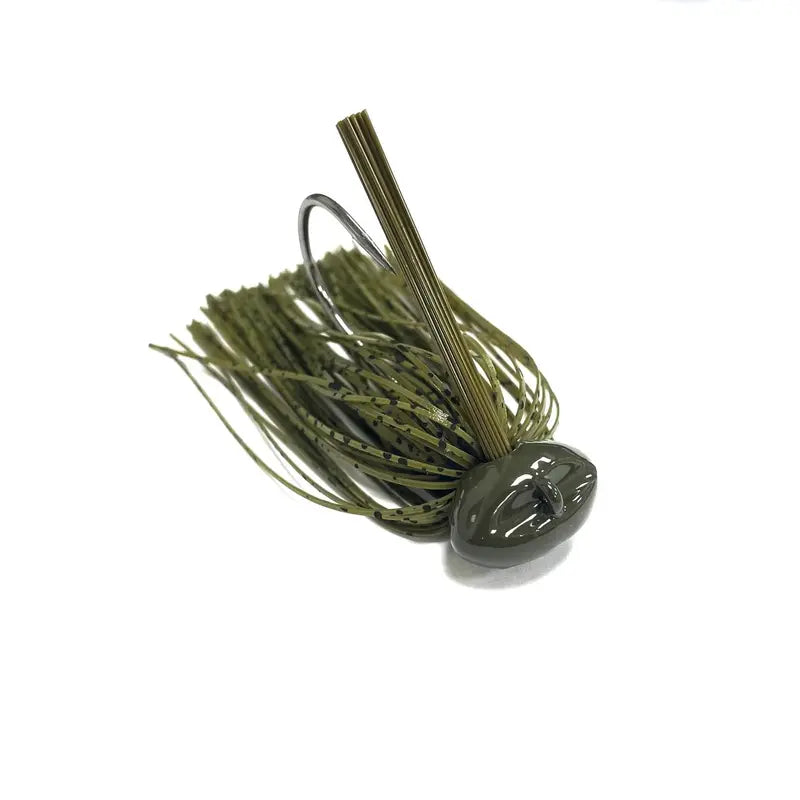 An olive green and black skirted fishing jig lure with a dark metallic head and a silver hook, shown on a plain white background.