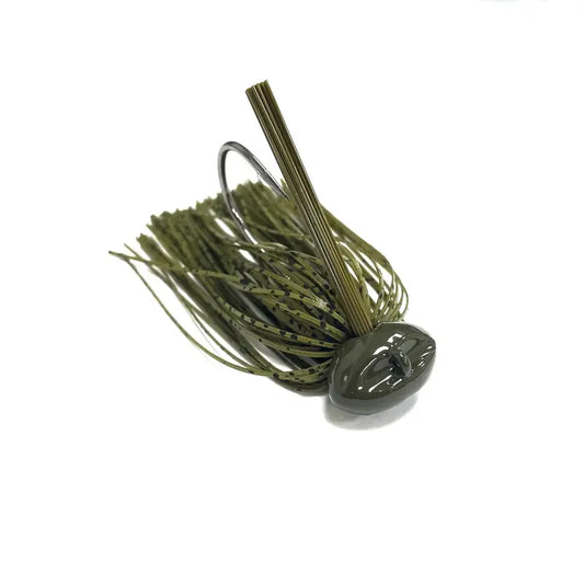An olive green and black skirted fishing jig lure with a dark metallic head and a silver hook, shown on a plain white background.