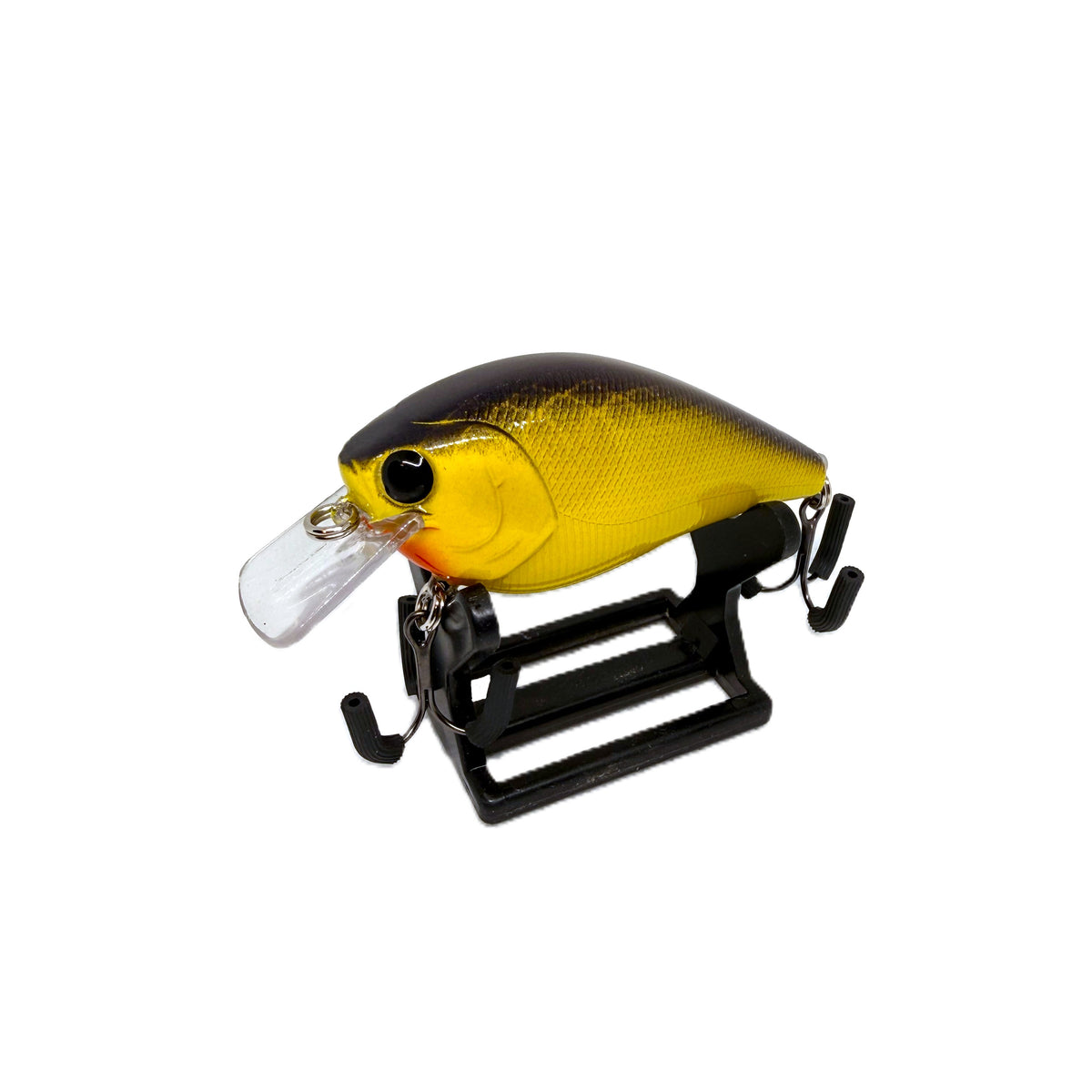 A yellow and black fishing crankbait lure with a clear plastic diving lip, displayed on a black metal stand against a white background.