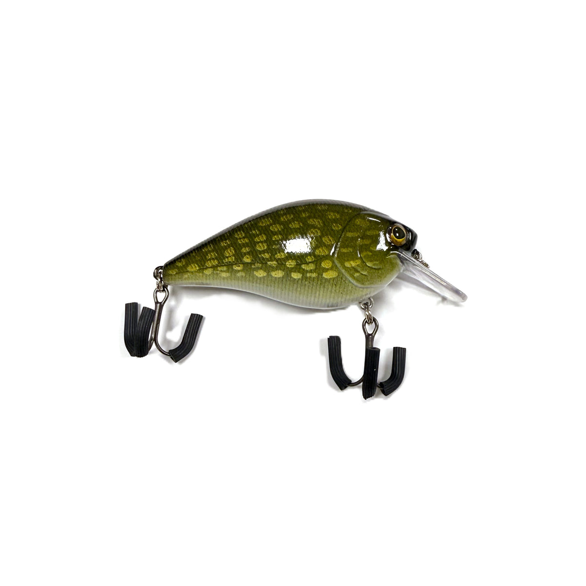 A hard bait fishing lure with a green and yellow spotted pattern, a clear plastic diving lip, and two black J-hooks attached below, shown on a plain white background.